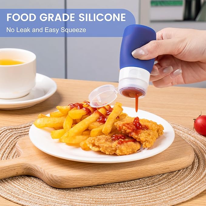 MICEBAY Condiment Squeeze Bottles for Sauces, 2-oz Mini Silicone Salad Dressing Container to Go with Snack Storage Bag, Leakproof Sauce Bottles for Lunch Box, 4 Pack, Blue