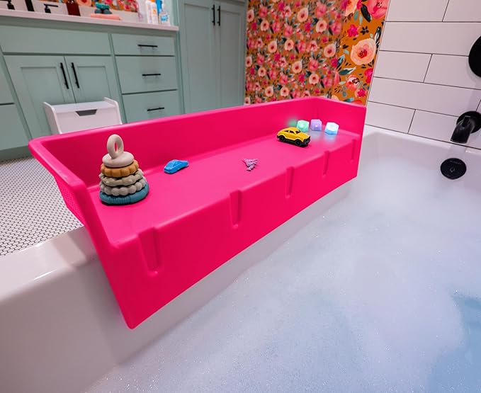 Tub Topper® Bathtub Splash Guard & Bath Shelf for Kids – Toddler Bath Tray, Bath Toys Storage & Ledge Organizer – Splash Guard for Bathtub with Suction Cups – Kids Bathroom Accessories (Pink)