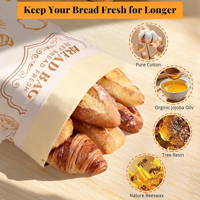 Homelove 2 Pack Beeswax Bread Bags for Sourdough Homemade Bread - Reusable Organic Linen Bag Cotton Lining Sourdough Natural Beeswax Bread Storage Bag, Keep Fresh and Upgraded XLarge Capacity Portable