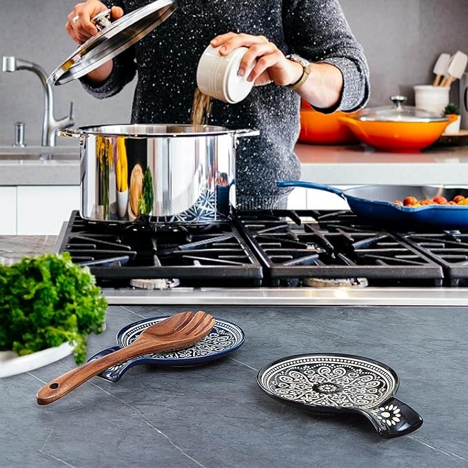 Ceramic Spoon Rest, Cooking Spoon Holder for Kitchen Counter/Stove Top/Dining Table Modern Farmhouse Decorative, Large (Blue)