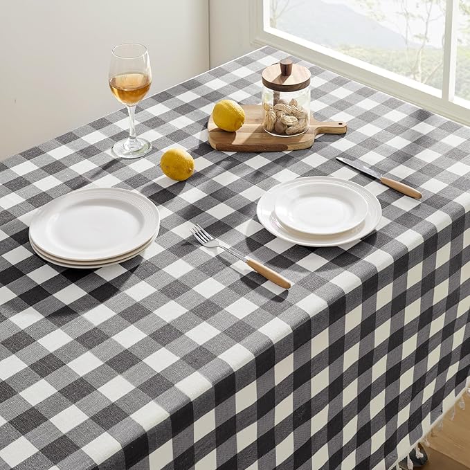 Softalker Checkered Tablecloth Rectangle, Outdoor Linen Cotton Gingham Table Cloth with Tassel, Heavy Duty Wrinkle Free Buffalo Plaid Table Cover for Kitchen Dining Summer Party - 55 x 102 Inch, Black