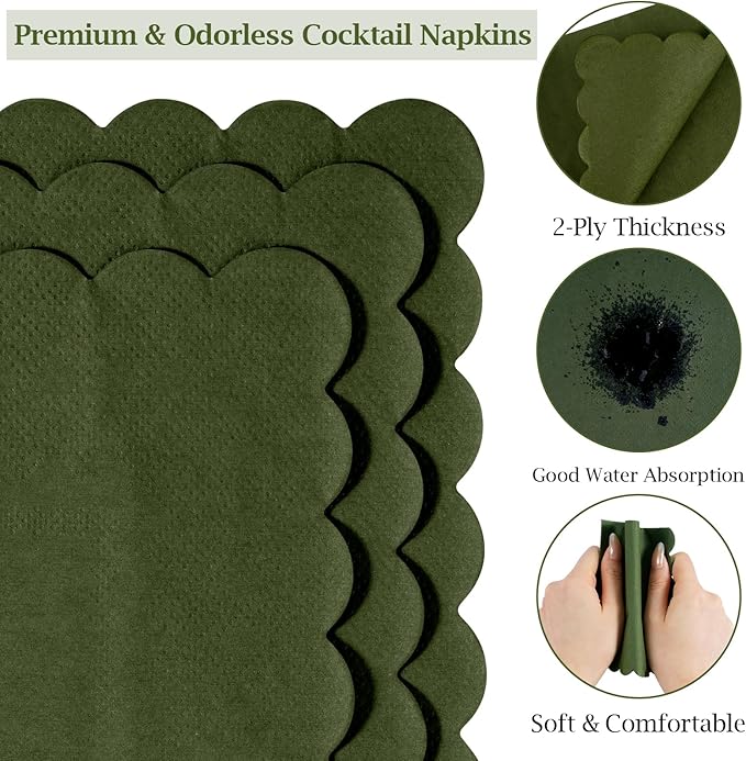 100 Pcs Cocktail Napkins, 2-Ply 5 x 5 Inches Disposable Scalloped Napkins, Thick Premium Dessert Napkins for Party, Wedding, Dinner, Birthday, Anniversary, Festival (Green)