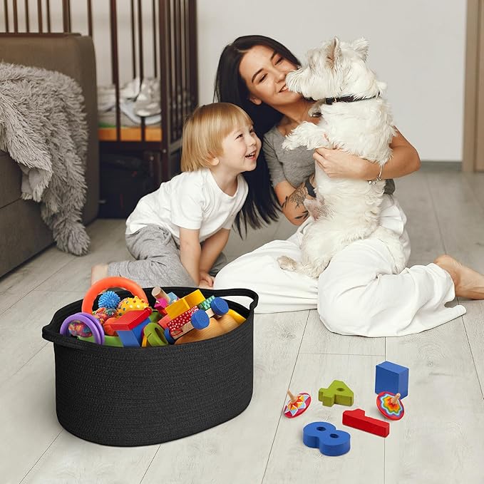 MEGASKET Black Woven Storage Basket, 17"x12"x8" Cotton Rope Baskets for Organizing Dog Toy, Gift, Book, Towel, Cloth, Shoe, Decorative Wicker Storage Bin for Shelves, Closet, Bathroom, Living Room