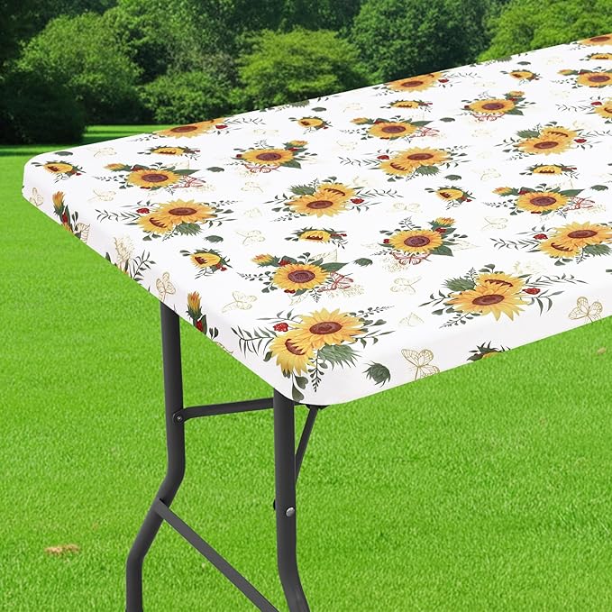 Smiry Spandex Fitted Tablecloth for 4 Foot Rectangle Tables, Washable Picnic Table Cover with Elastic, Stretch Reusable Table Cloth for Outdoor, Camping, Dining & Kitchen (Sunflower, 30"x48")