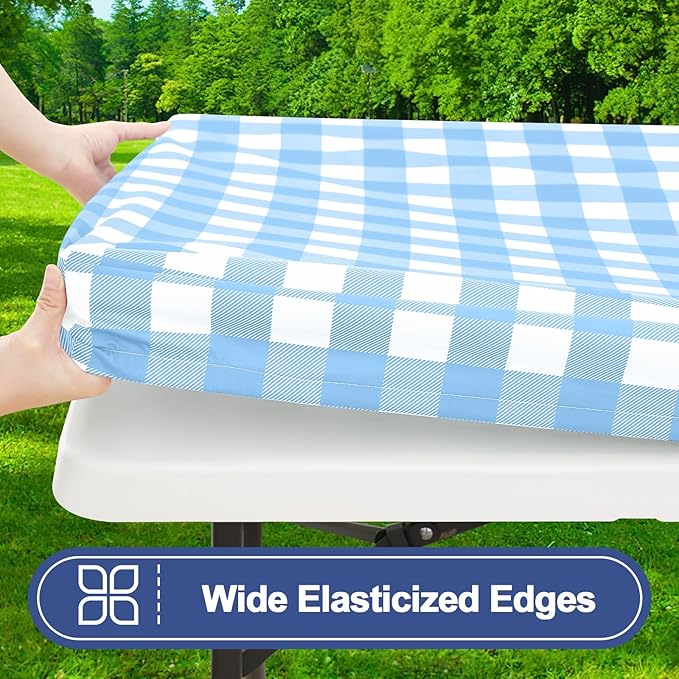 Smiry Picnic Table Cloth 2 Pack, Waterproof Elastic Fitted Tablecloths for 6FT Rectangle Tables, Washable Polyester Buffalo Plaid Tablecloth for Camping & Outdoor (Light Blue & White, 30" x 72")