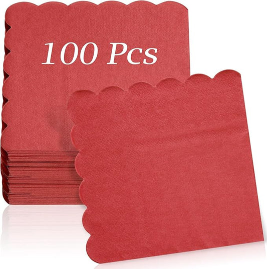 100 Pcs Cocktail Napkins, 2-Ply 5 x 5 Inches Disposable Scalloped Napkins, Thick Premium Dessert Napkins for Party, Wedding, Dinner, Birthday, Anniversary, Festival (Red)
