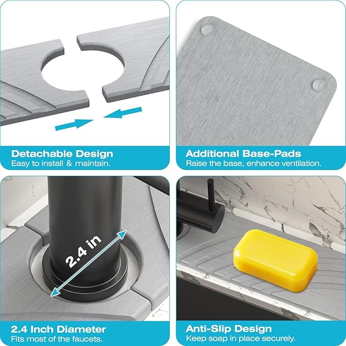 Stone Faucet Mat for Kitchen Sink - Fast Drying Diatomite Stone Drying Mat, Textured Drainage Sink Protector, Water Splash Guard with Base Pads for Bathroom Counter (23.7x4 in, Light Gray)