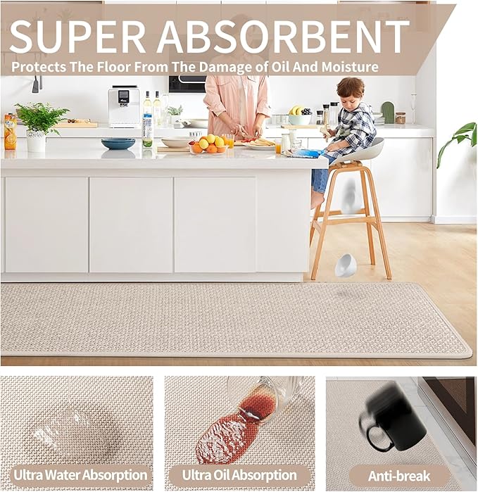 Kitchen Mats for Floor, Super Absorbent Kitchen Rugs Non Slip Washable, Soft Imitation Linen Braided Kitchen Runner Rug, Standing Mat Kitchens Sink Mat, Easy to Clean, Beige 17x47