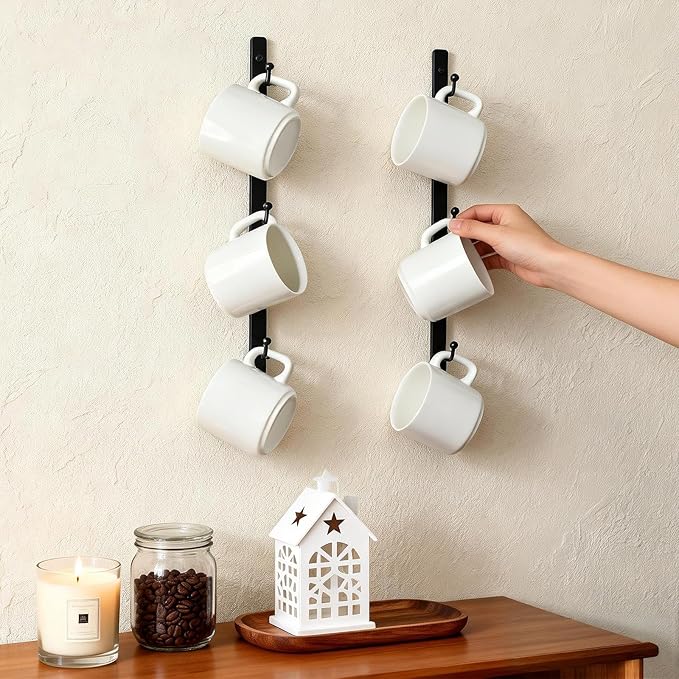 Yohsnor Coffee Mug Rack Set of 2 - Stylish Black Iron Coffee Cup Holder with 6 Hooks, Mounted Shelf for Kitchen & Office, Space-Saving, Easy to Install, Durable & Sturdy Hanger Racks