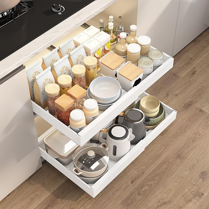 FILTA 2Pack Expandable Pull Out Cabinet Organizer, 21" Deep Slide Out Drawers for Kitchen Cabinets, Heavy Duty Roll Out Shelves with 3-Rail Silent Glide, No-Drill Adhesive or Screw Install, White
