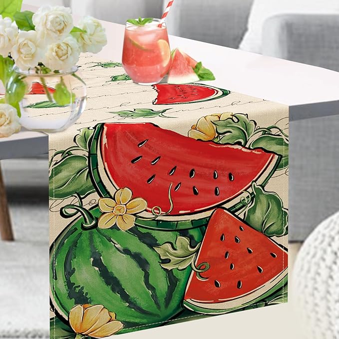 Seliem Hello Summer Watermelon Table Runner, Tropical Fruit Kitchen Dining Table Decor, Seasonal Burlap Home Decoration Indoor Outdoor Party Supply 13 x 72 Inch