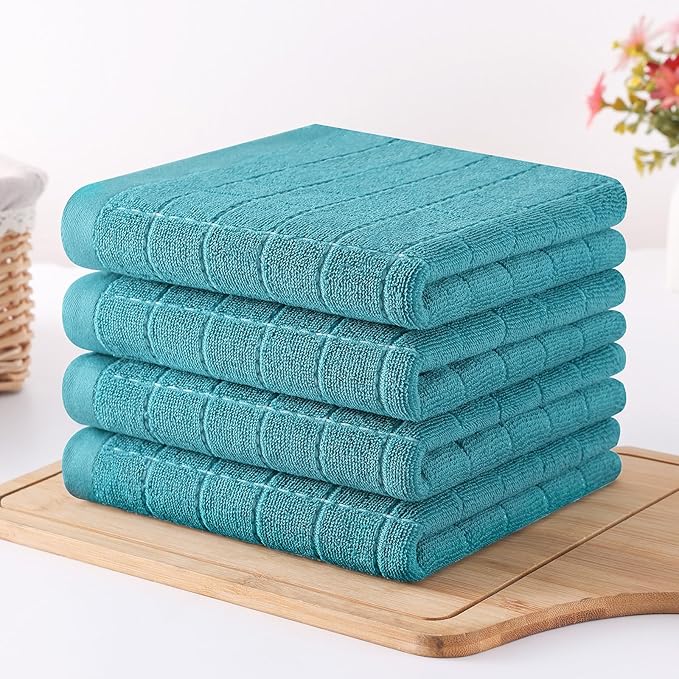 Homaxy 100% Cotton Terry Kitchen Towels(Lake Blue, 13 x 28 inches), Checkered Designed, Soft and Super Absorbent Dish Towels, 6 Pack