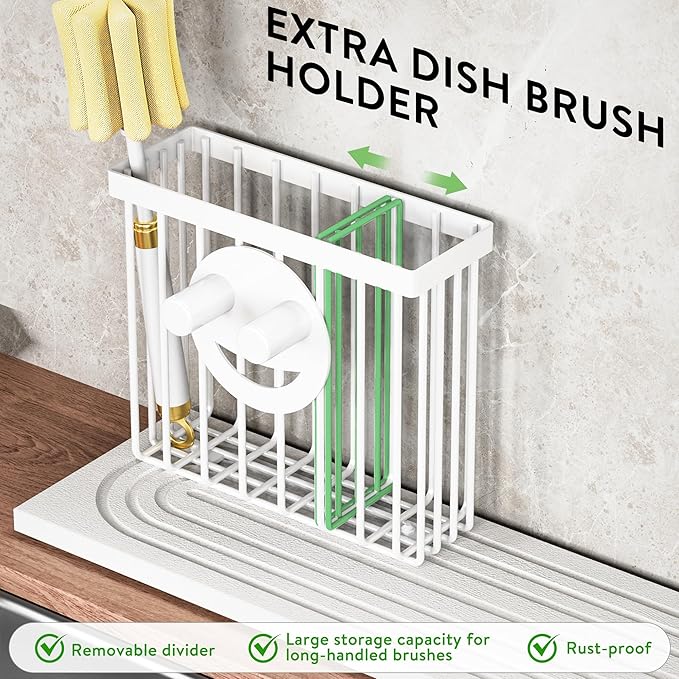 Cisily White Diatomite Faucet Mat for Kitchen Sink Protectors with Dish Brush Holder-Absorbent Drying Counter Stone Water Splash Guard Area, Behind Kitchen Sink Caddy Organizers Accessories Organizer