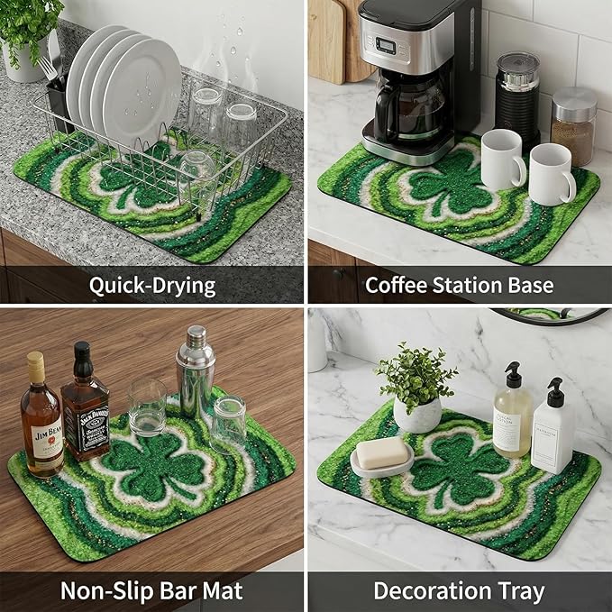 St Patrick’s Day Dish Drying Mat: 12’’x20’’ Green Shamrock Absorbent Counter Protector, Non-Slip Bar & Coffee Mat - Irish Lucky Clover Gold Coin Theme Home Kitchen Holiday Decor
