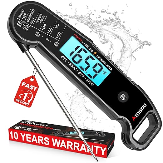 Atogou Professional Meat Thermometer Digital for Cooking Food, <1 Sec Instant Read & ±0.5℉ Accuracy, IP67 Waterproof, Thermocouple Sensor Probe, for Kithchen, BBQ, Grill, Black
