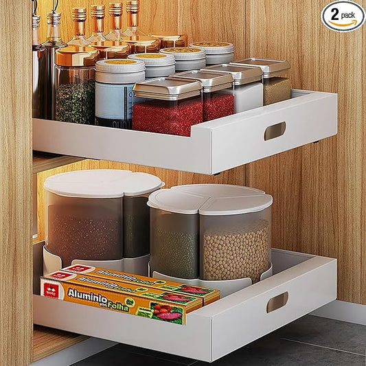 2 Pack Pull Out Cabinet Organizer Adhesive, 10" Wide 16.9" Deep Pull out Drawers for Face Frame or Frameless Cabinets, No Drill Heavy Duty Carbon Steel Drawer, Pantry Cabinet Shelf