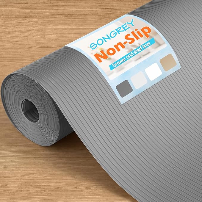 Songrey Non-Adhesive Shelf Liner, 17.5IN x 30FT Waterproof Cabinet & Drawer Liner, EVA Material Non-Slip Mat for Kitchen Cupboard, Refrigerator, Easy to Cut, Washable, Dark Gray