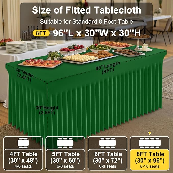 Smiry Spandex Tablecloth, Elastic Fitted Stretch Tablecloth for 8FT Rectangle Tables, Waterproof Washable Table Cover Skirt for Outdoor, Wedding, Banquet & Parties (Emerald Green, 96Lx30Wx30H Inch)