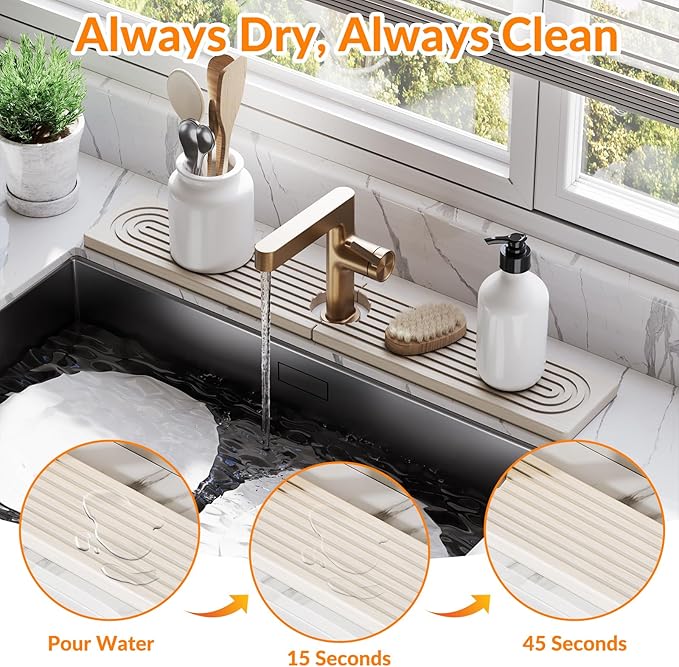 23.6 Inch Stone Faucet Mat for Kitchen Sink Splash Guard, Diatomite Sink Protectors for Kitchen Sinks Behind Faucet, Quick Dry Water Absorbing Stone Tray , Drip Catcher (White, 23.6" x 3.9")
