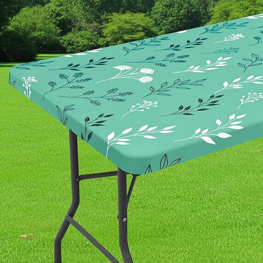 Smiry Spandex Fitted Tablecloth for 8 Foot Rectangle Tables, Washable Picnic Table Cover with Elastic, Stretch Reusable Table Cloth for Outdoor, Camping, Dining & Kitchen (Sage Green Leaf, 30"x96")