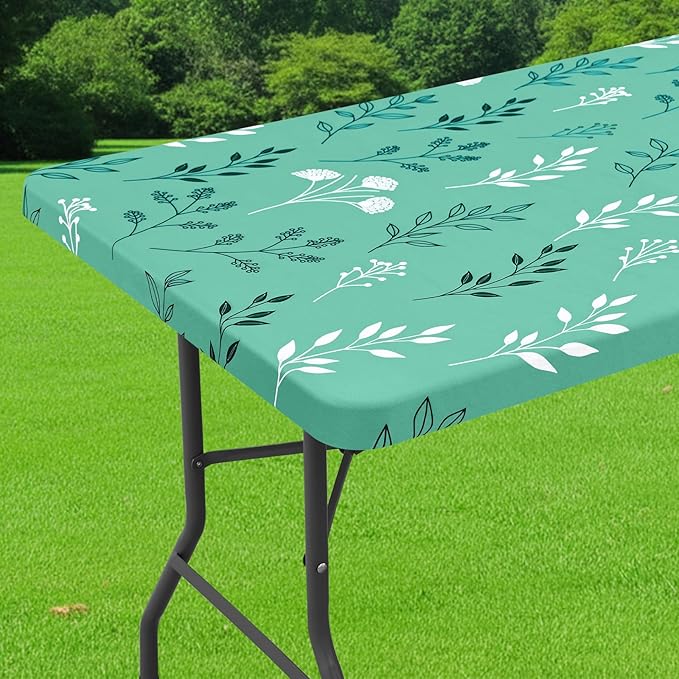 Smiry Spandex Fitted Tablecloth for 6 Foot Rectangle Tables, Washable Picnic Table Cover with Elastic, Stretch Reusable Table Cloth for Outdoor, Camping, Dining & Kitchen (Sage Green Leaf, 30"x72")
