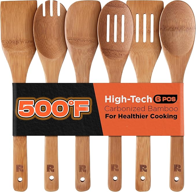 Riveira Dark Bamboo Wooden Spoons for Cooking 6-Piece, Apartment Essentials Wood Spatula Spoon Nonstick Kitchen Utensil Set Premium Quality Housewarming Gifts for Everyday Use