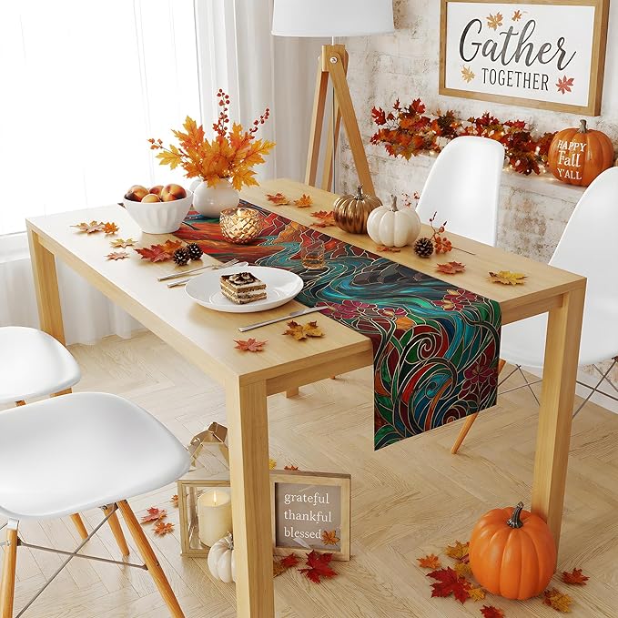 Fall Decor - Stained Glass Table Runner | Fall Decorations for Home | Thanksgiving Table Decor Accessories for Indoor & Outdoor Party Supplies, Thanksgiving Gifts