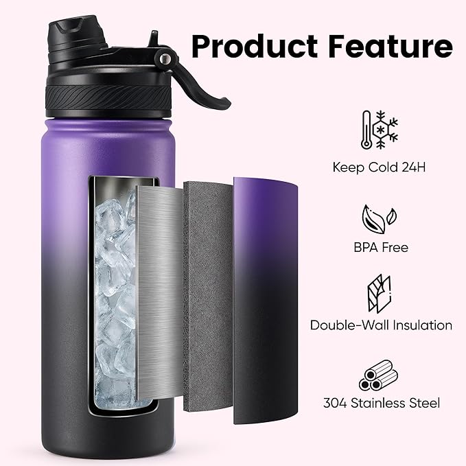 Fijinhom 18 oz Insulated Water Bottle, 2-in-1 Straw and Spout Lid Stainless Steel Thermos, Leak-Proof, Double Wall Vacuum Flask, Keep Cold 24H for Outdoor, Sports, Travel, School (Purple&Black)