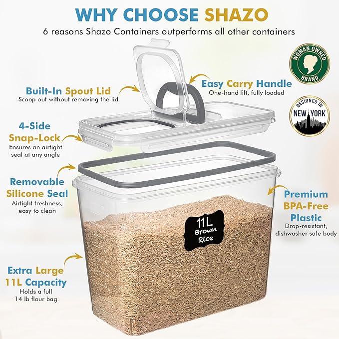 Shazo 2 PC (11L | 372 oz) Flour Sugar Storage Containers with Spout Lid & Easy Carry Handle - BPA Free Extra Large Airtight Food Storage Containers with Lids - Rice Canisters Sets for Kitchen & Pantry