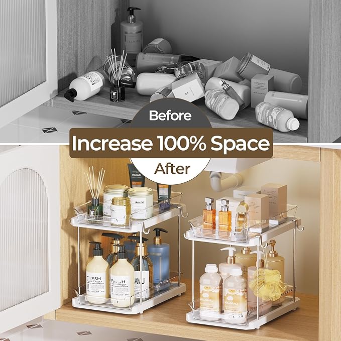 Delamu Under the Sink Organizer, 2-Tier Pull-Out Cabinet Drawers with Adjustable Shelf & Hooks, Under Sink Cabinet Organizer for Bathroom, Kitchen, Vanity & Every Household(White, 2 Pack)