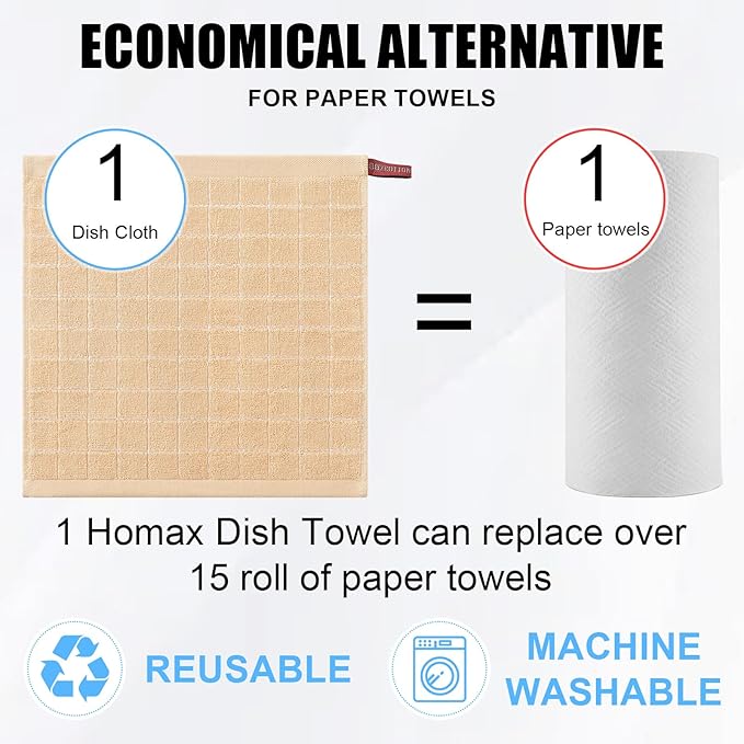 Homaxy 100% Cotton Terry Kitchen Dish Cloths, Ultra Soft and Absorbent Dish Towels for Kitchen, Suitable for Drying and Washing Dishes, 12 Pack, 12 x 12 Inches, Apricot