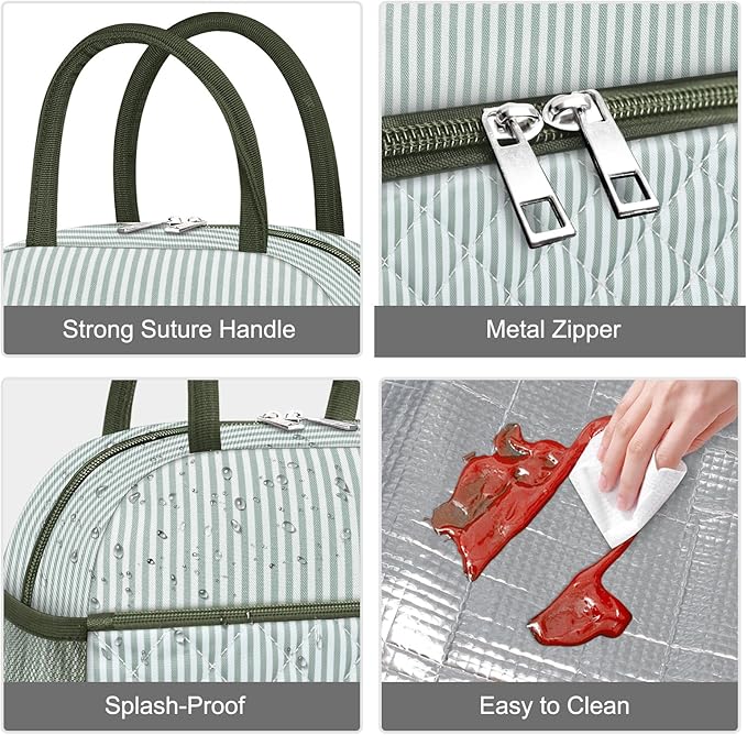 KUBYA Lunch Bag Lunch Box for Women Adult Men Insulated Quilted Reusable Large Lunch Tote Bag Leakproof Simple Cooler Bag for Work Office Picnic Beach or Travel
