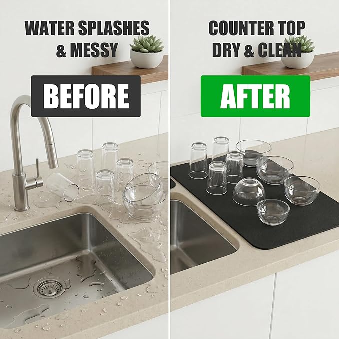 Customizable 24"L x 5.5"W Kitchen Sink Faucet Mat & 24"Lx16"W Dish Drying Mat Set - Absorbent Microfiber Splash Guard Trimmable to Fit 2 & 3 Holes Faucet & Soap Dispenser - Cuttable Counter Protector