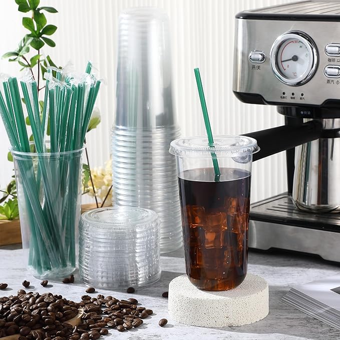 Baderke 25 Set Plastic Cups with Lids and Straws, Disposable Plastic Iced Coffee Cup for Cold Beverage Juice Smoothie Crystal for Coffee Shops Party Catering(Clear,20 oz)