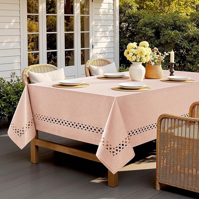 MIULEE Pink Rectangle Linen Polyester Tablecloth with Decorative Cutouts Spring Waterproof Stain Resistant & Shrink-Proof Table Cloth 60x84 inch Farmhouse Style for Dining Wedding and Outdoor