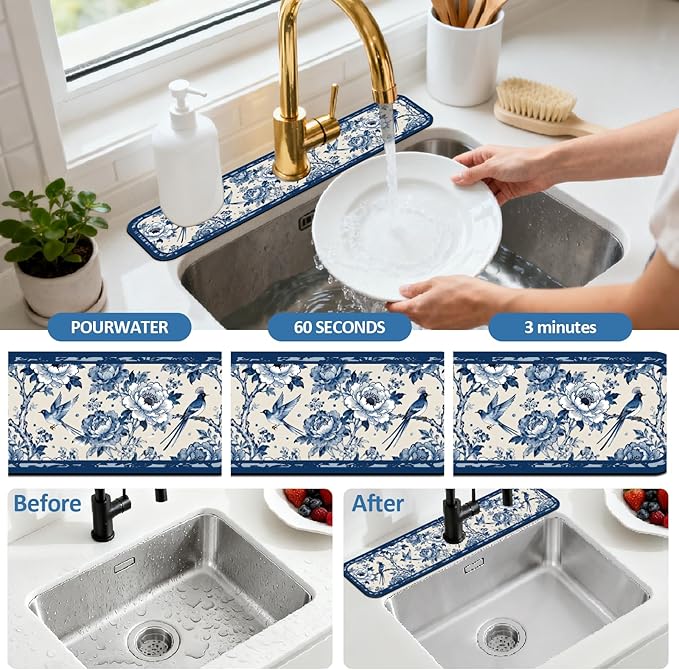 2 Pcs Kitchen Sink Splash Guard Faucet Mats Vintage Porcelain Flowers and Birds Pattern Faucet Mat for Sinks Absorbing Drying Mat for Kitchen Bathroom, 23.6x5.5inch