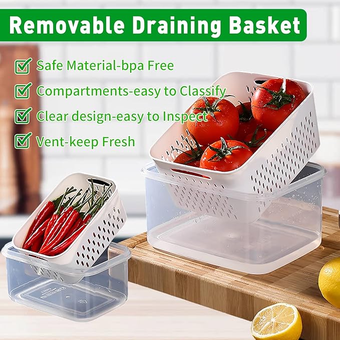 Pack of 4 Fruit Fresh Produce Protector, Grape Container for Fridge, Fruit Saver Lettuce Container with Drain Colanders, Partitioned Salad Container, Refrigerator Organizer for Lettuce Berry Food (4)