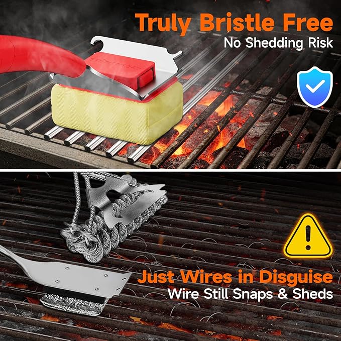 Bristle Free Grill Brush Replaceable Head for Outdoor Grill Cleaning, Safe Steam BBQ Grill Cleaning Pad Replacement for Cast Iron, Stainless Steel, Porcelain, Ceramic Grates - Red