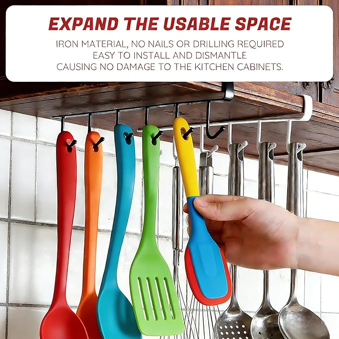 Adhesive Mug Holder Under Cabinet No Drilling Clip-On Utensil Holder for Kitchen Counter & Cooking Utensil Holder with 6 Kitchen Hooks Space Saving for Coffee Cup Spatula Measuring Cup