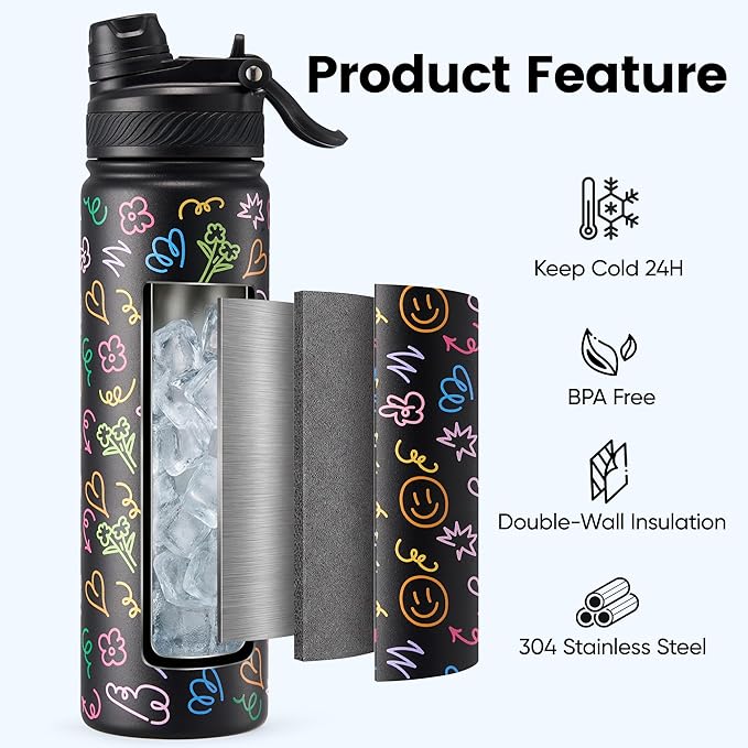 Fijinhom 24 oz Insulated Water Bottle, 2-in-1 Straw and Spout Lid Stainless Steel Thermos, Leak-Proof, Double Wall Vacuum Flask, Keep Cold 24H for Outdoor, Sports, Travel, School (Graffiti)