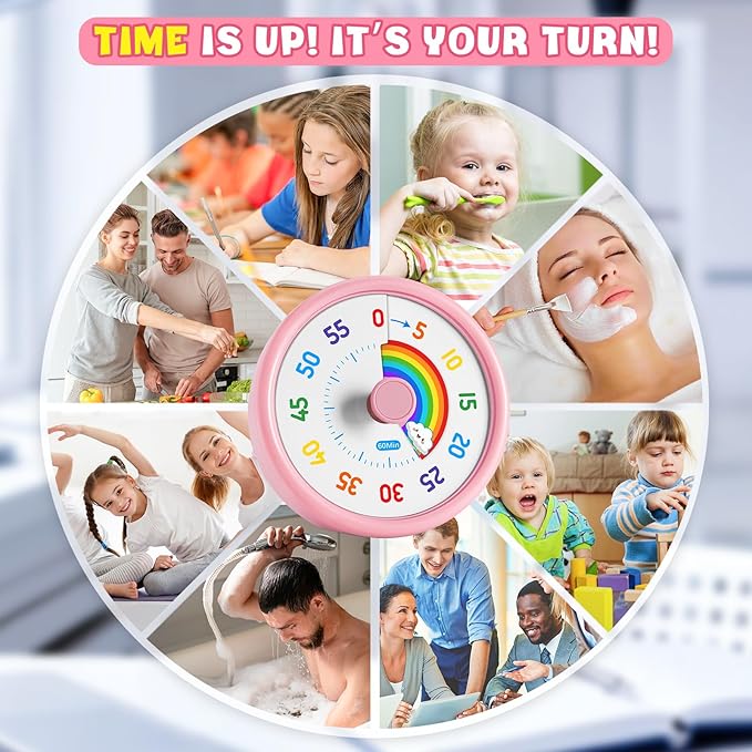 HIPPIH Visual Timer for Kids, 60 Minute Countdown Timers for Classroom Kitchen Office, Rainbow Disk Desk Timer Clock with Silent Operation, Pomodoro Timer Time Management Tools for Toddler ADHD Pink