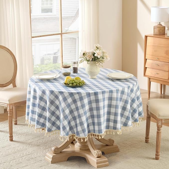 Softalker Checkered Tablecloth 70 x 70 Inch Round, Outdoor Linen Cotton Gingham Table Cloth with Tassel, Heavy Duty Wrinkle Free Buffalo Plaid Table Cover for Kitchen Dining Summer Party - Blue
