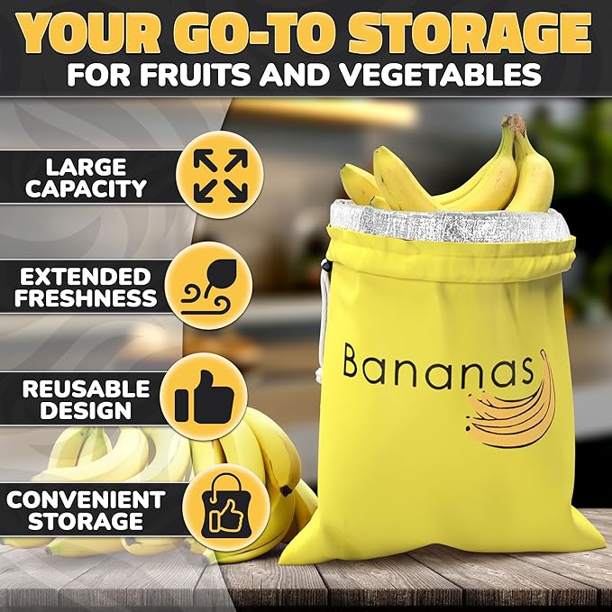 Nylon Banana Bag with Aluminum Lining and Quick Drawstring Closure - 13.8x10.6 in Reusable Banana Keeper for Freshness, Storage, and Prevent Ripening - Washable Material, Suitable for Home and Picnics