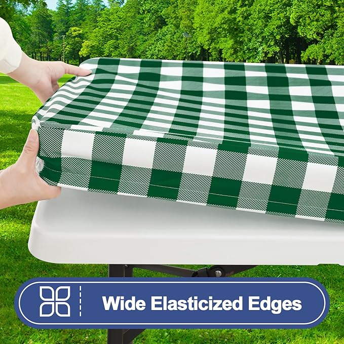 Smiry Picnic Table Cloth 2 Pack, Waterproof Elastic Fitted Tablecloths for 8FT Rectangle Tables, Washable Polyester Buffalo Plaid Tablecloth for Camping & Outdoor (Hunter Green & White, 30" x 96")