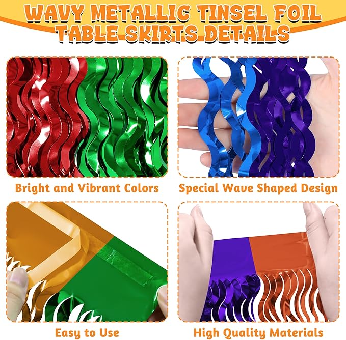 Cinco De Mayo Decorations, 2 Pack Fiesta Table Skirts Supplies for Fiesta Party Decorations, Mexican Theme Metallic Wavy Tinsel Foil Fringe Table Skirts for Photo Booth Props Birthday Table Decor