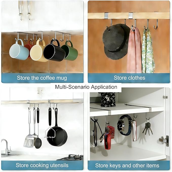 Nailless Fixed Coffee Cup Storage Rack - Hanger for Storing Cooking Utensils - Cabinet-Style Storage Rack for Kitchen Coffee Bar Accessories - Stainless Steel Storage Hook - Silver