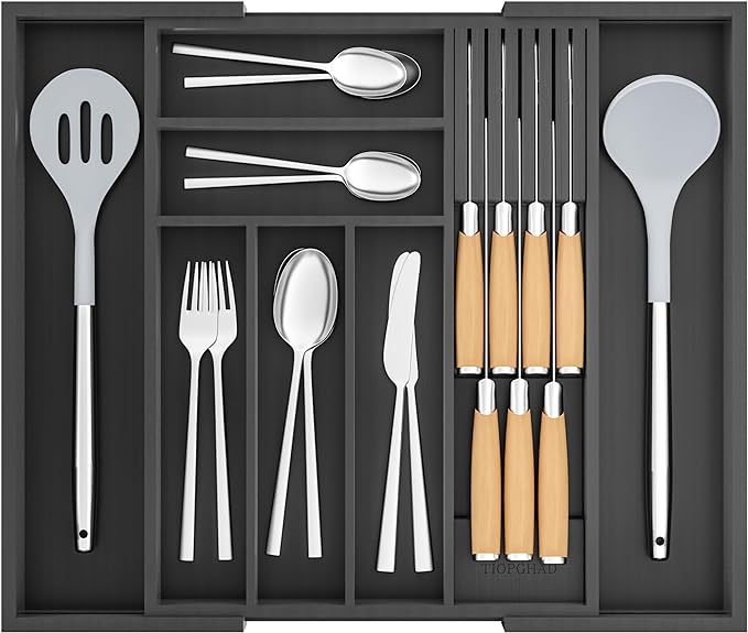 TIOPGHAD Bamboo-Silverware-Drawer-Organizer-Kitchen, Expandable Utensil Holder Cutlery Tray Flatware Organization Adjustable Wood Tableware Dividers Storage (with Removable Knife Block)(Black)