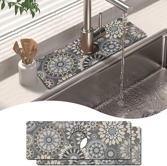 2 Pack 2 Pack Kitchen Sink Splash Guard Faucet Mat 15" X 5.5" Mandala Absorbent Fast Drying Mat Faucet Draining Mat Sink Splash Guard Behind Faucet Drip Catcher for Kitchen Bathroom