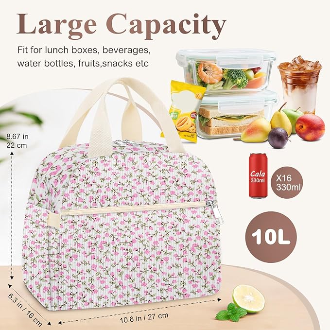 KUBYA Lunch Box for Women, Cute Flower Corduroy Insulated Lunch Bag Women Reusable Work Leakproof Simple Adults Large Lunch Boxes Tote Bag Men Cooler Bag