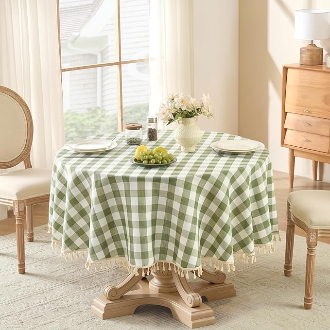 Softalker Outdoor Checkered Tablecloth 70 x 70 Inch Round, Spring Summer Linen Cotton Gingham Table Cloth with Tassel, Heavy Duty Wrinkle Free Buffalo Plaid Table Cover for Picnic Camping - Sage
